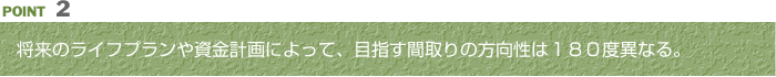 将来のライフプランや資金計画によって、目指す間取りの方向性は１８０度異なる。